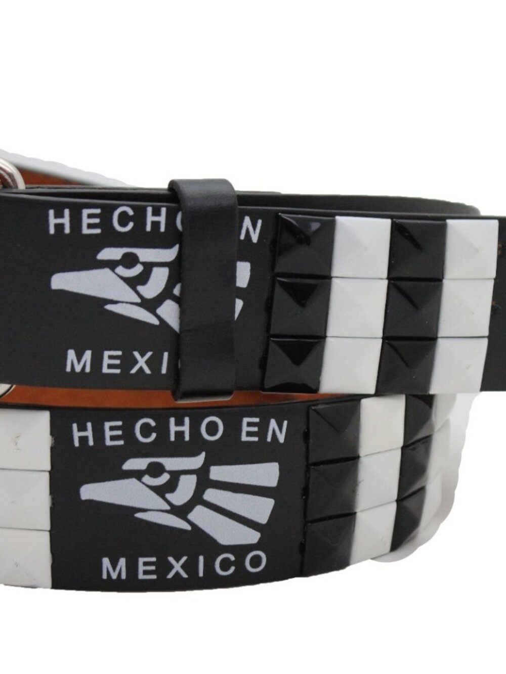 NEW Black Faux Leather Belt Hecho En Mexico Eagle Print Black White Studs Size S - Picture 6 of 16